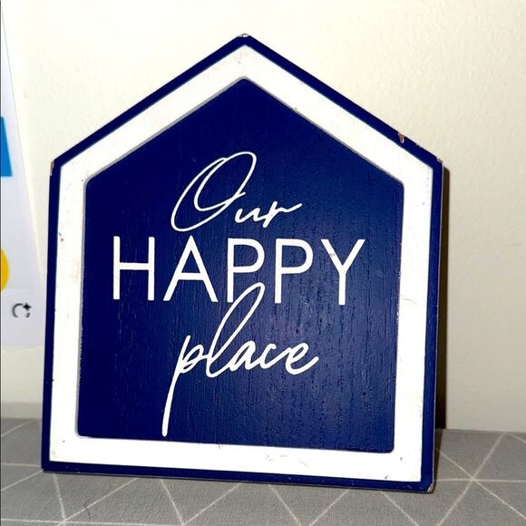 Navy Blue 'Our Happy Place' tabletop Sign EUC - Picture 1 of 6